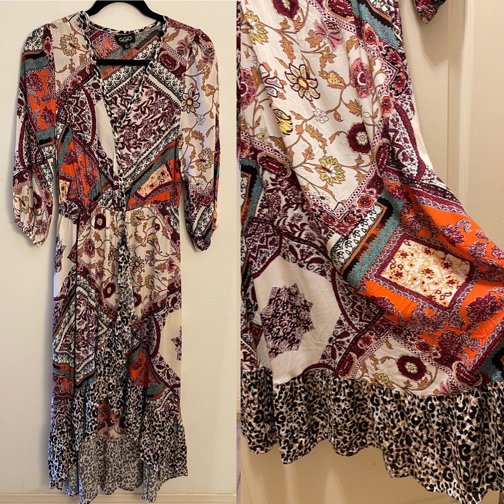Mixed Print Maxi Dress in Ivory with Orange & Burgundy